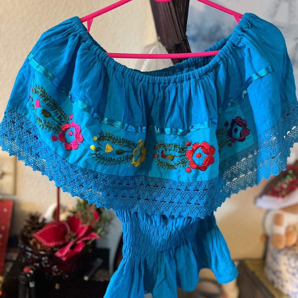 Embroidered Off-Shoulder Blue Top